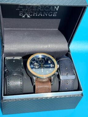 American Exchange Blue Dial Chronograph Watch with Brown, Black & Navy Straps